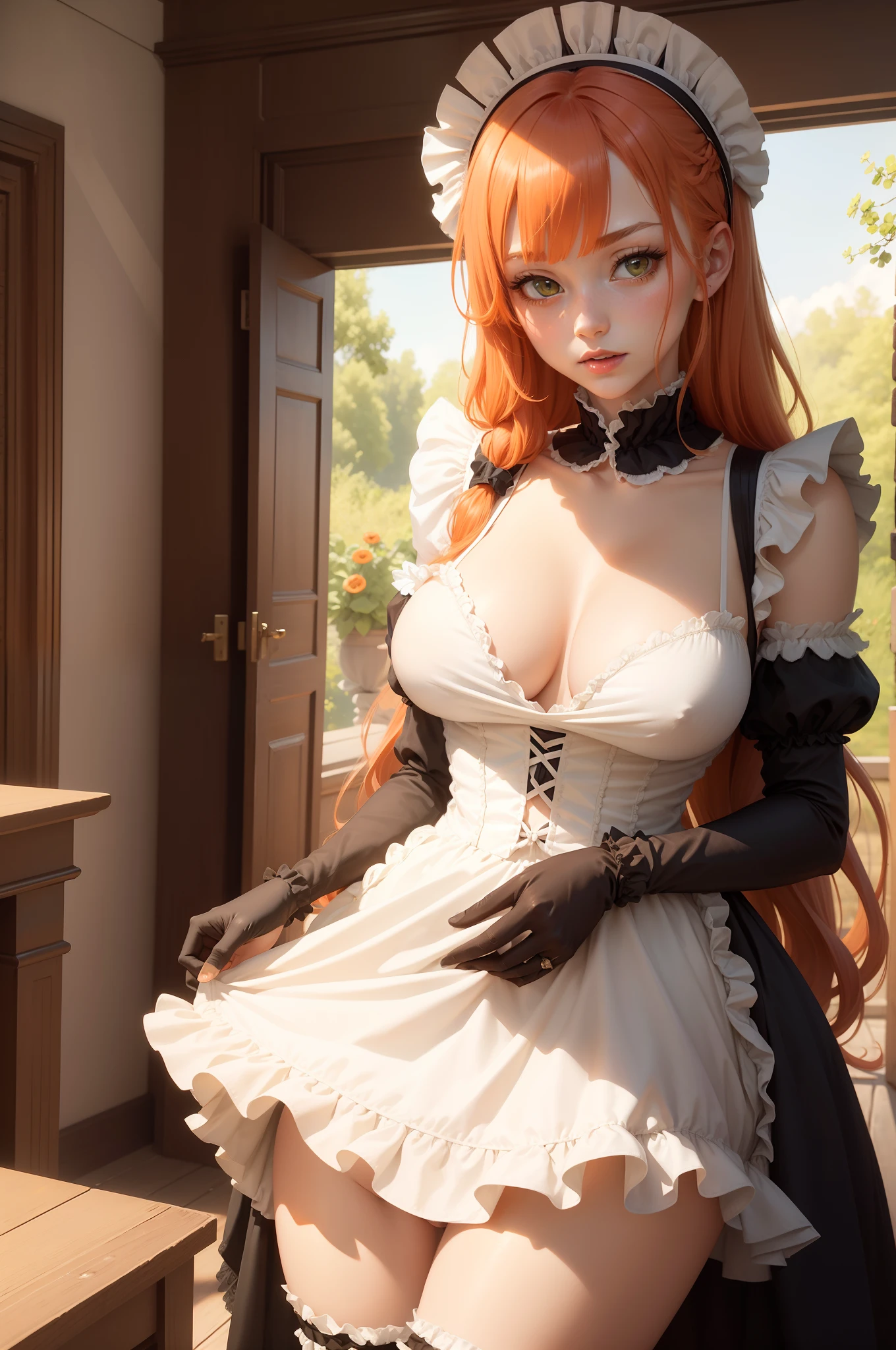 /draw apron orange_hair green_eyes breasts breasts_out censored couch dress female frills gloves highres koruse large_breasts long_hair looking_at_viewer lying maid maid_apron maid_headdress mosaic_censoring no_panties original pussy solo thighhighs white_gloves