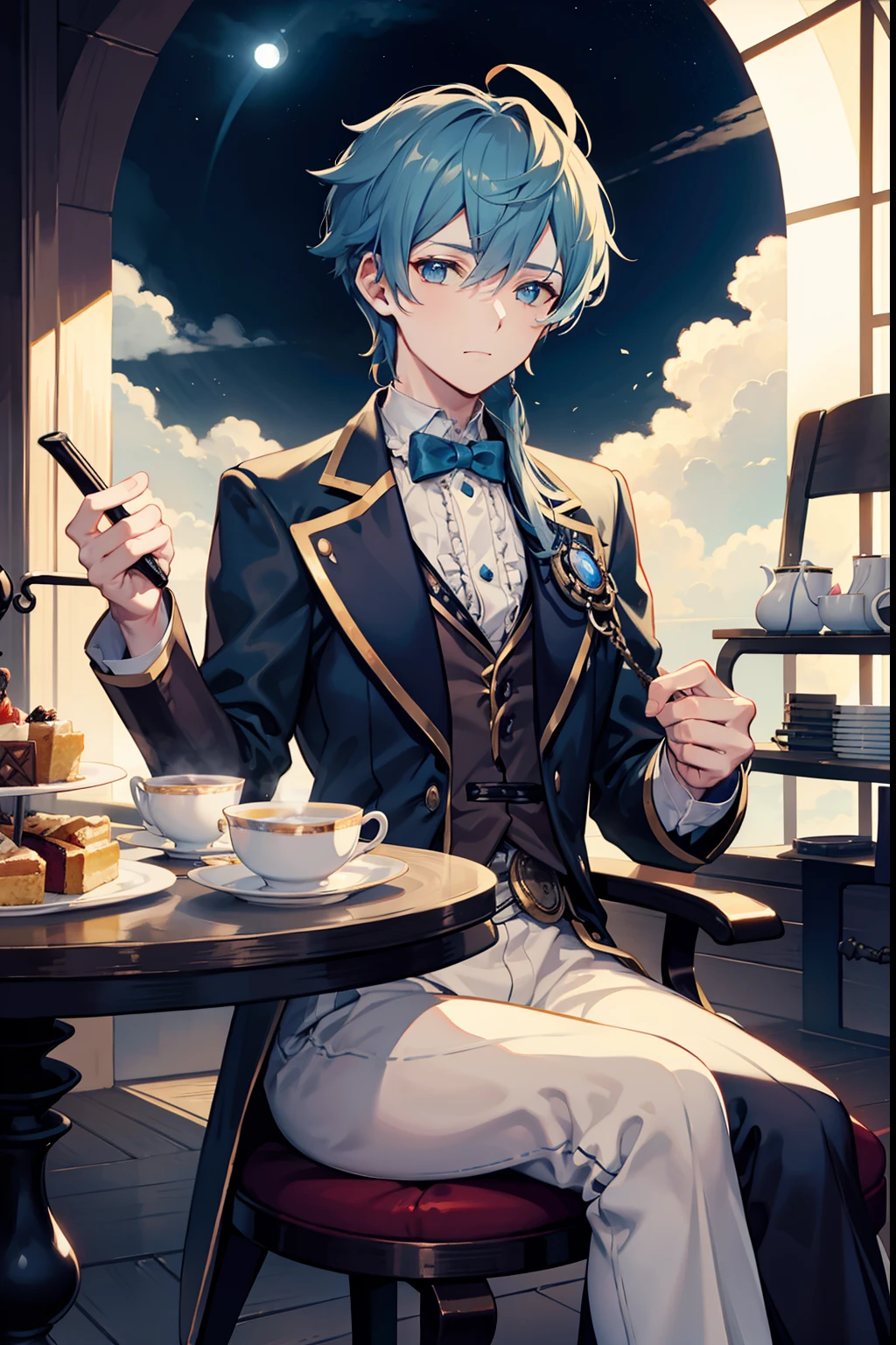 tea parties　male people　twinks　{{ember}}　steampunc 　Blue moon in the sky