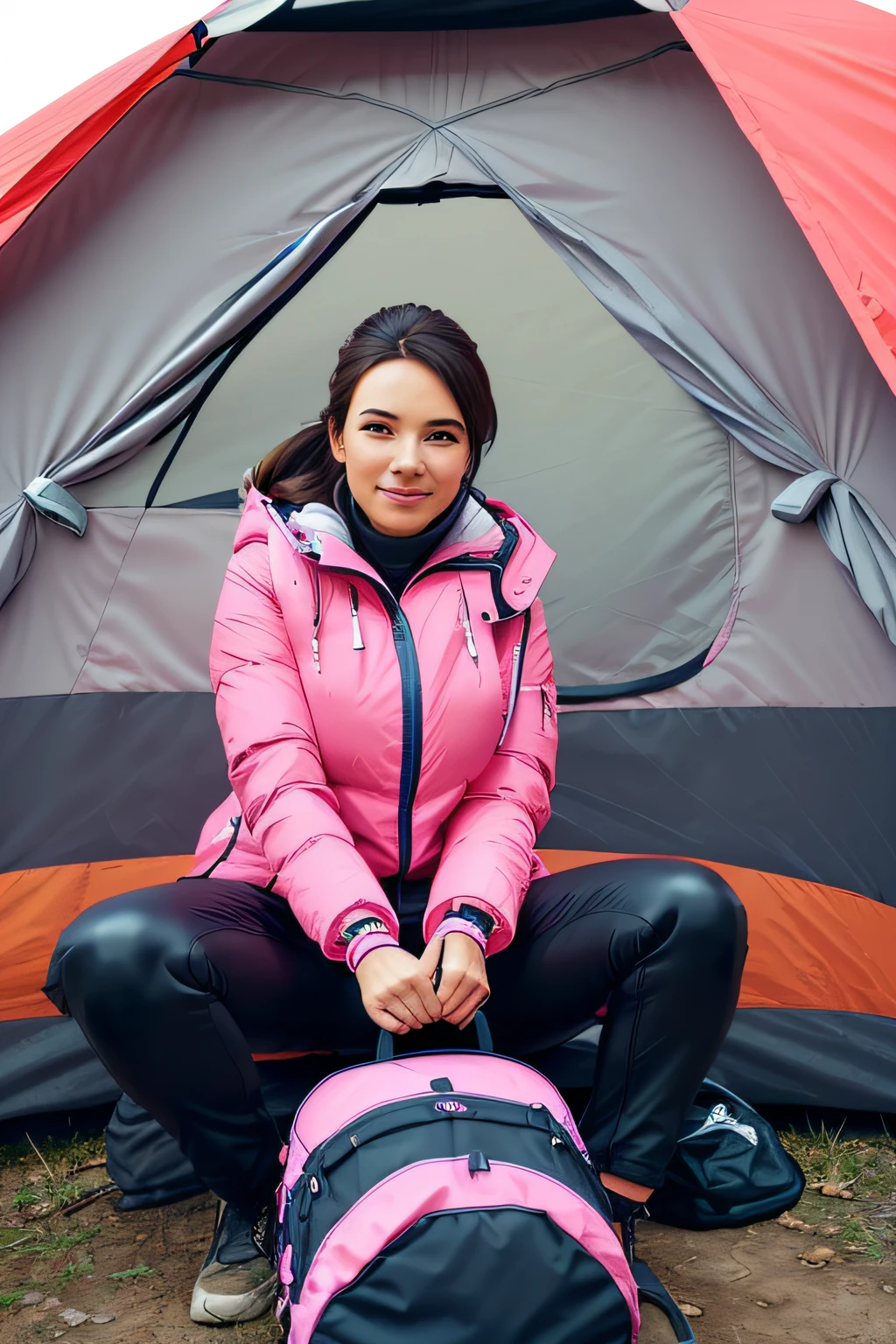 Make a woman with big breast, pink pufferjacket , with open zipper, with face, body, landscape, travelbag, pinkpants. campfire, tent