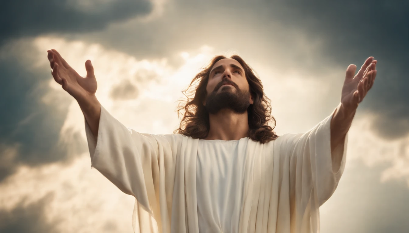 jesus cristo em vestes brancas envolto de luz, An angel high in the sky in the midst of the clouds, Jesus Cristo glorioso, Resurrection, holding out his hand. alto detalhes no rosto,