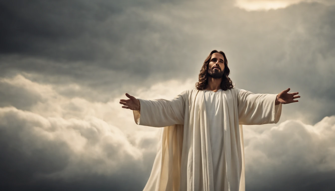 jesus cristo em vestes brancas envolto de luz, An angel high in the sky in the midst of the clouds, Jesus Cristo glorioso, Resurrection, holding out his hand. alto detalhes no rosto,