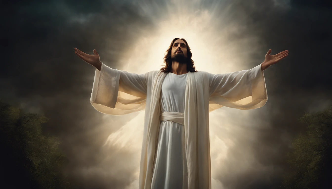 jesus cristo em vestes brancas envolto de luz, An angel high in the sky in the midst of the clouds, jesus cristo glorioso, Resurrection, smiling and reaching out. arte sacra