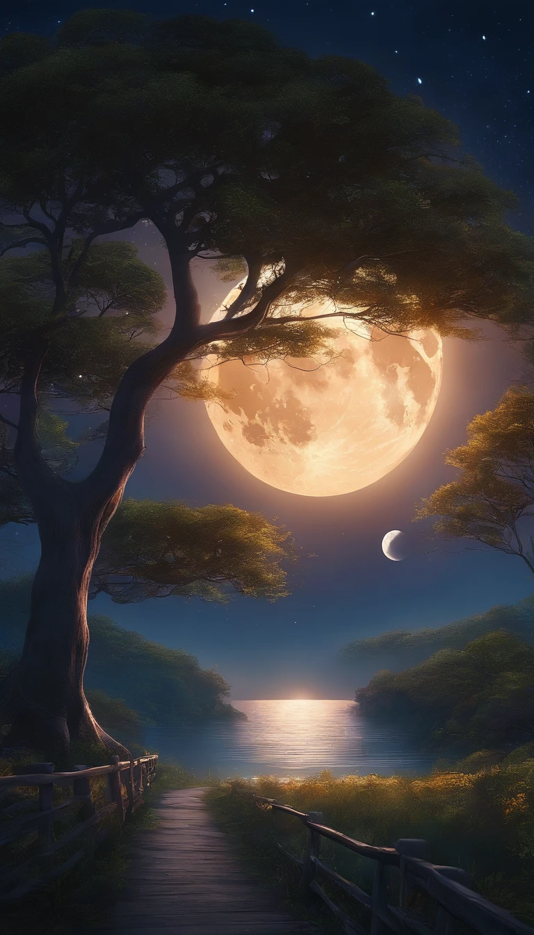 Lovely night view、moonlights、Anime Art Background、There are no people、The tree々、fullmoon