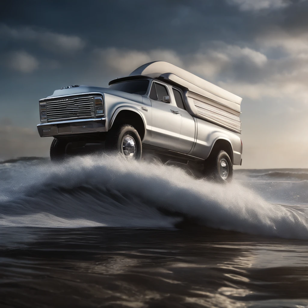 Silver Surfer Truck, (Silver surfer surfing on top of a truck) , Silver Hero, personagem prata, Todo em metal, maravilha, Dc, realista, super detalhes, Design Intelligence, Silver surfer surfing on top of the truck body with sea waves inside the body, Matrix price, estilo velozes e furiosos, close no surfista em. Top of the truck, ondas dentro da carroceria, Utopia, irreal, Motor irreal, alta tecnologia, Ultra qualidade realista, pele perfeita, Rendered in 12K resolution, hiper detalhado, ice truck, hero in. Top of the truck, [Surfer on top of truck] Surf de Metal Surfer, Show the Detailed Surfer Hero, corpo todo!