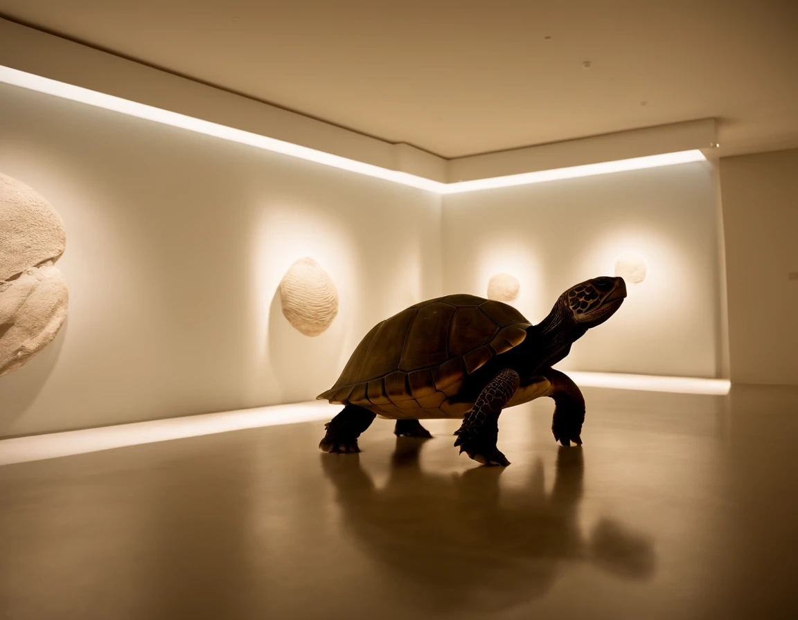 /imagine prompt: Three connected rooms in an enclosed space, cada uma dedicada a uma faceta das tartarugas marinhas. A primeira sala, iluminada por luz natural suave, contains an interactive exhibition with realistic models of turtles and their individual characteristics. The second room is an accurate reproduction of a night beach, with projections of turtles spawning and hatching their eggs, creating an atmosphere of serenity and wonder. The third room is a grim contrast, with water projected onto the walls to simulate the polluted ocean and the environmental impact on turtles. Fotografia, Wide-angle lens to capture all space, ISO ajustado para cada sala, --ar 16:9 --v 5