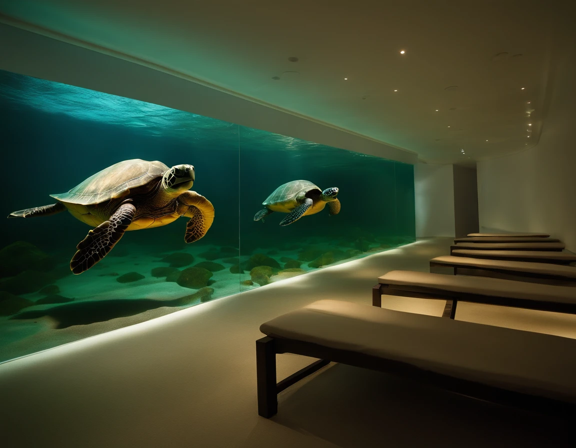 /imagine prompt: Three connected rooms in an enclosed space, cada uma dedicada a uma faceta das tartarugas marinhas. A primeira sala, iluminada por luz natural suave, contains an interactive exhibition with realistic models of turtles and their individual characteristics. The second room is an accurate reproduction of a night beach, with projections of turtles spawning and hatching their eggs, creating an atmosphere of serenity and wonder. The third room is a grim contrast, with water projected onto the walls to simulate the polluted ocean and the environmental impact on turtles. Fotografia, Wide-angle lens to capture all space, ISO ajustado para cada sala, --ar 16:9 --v 5
