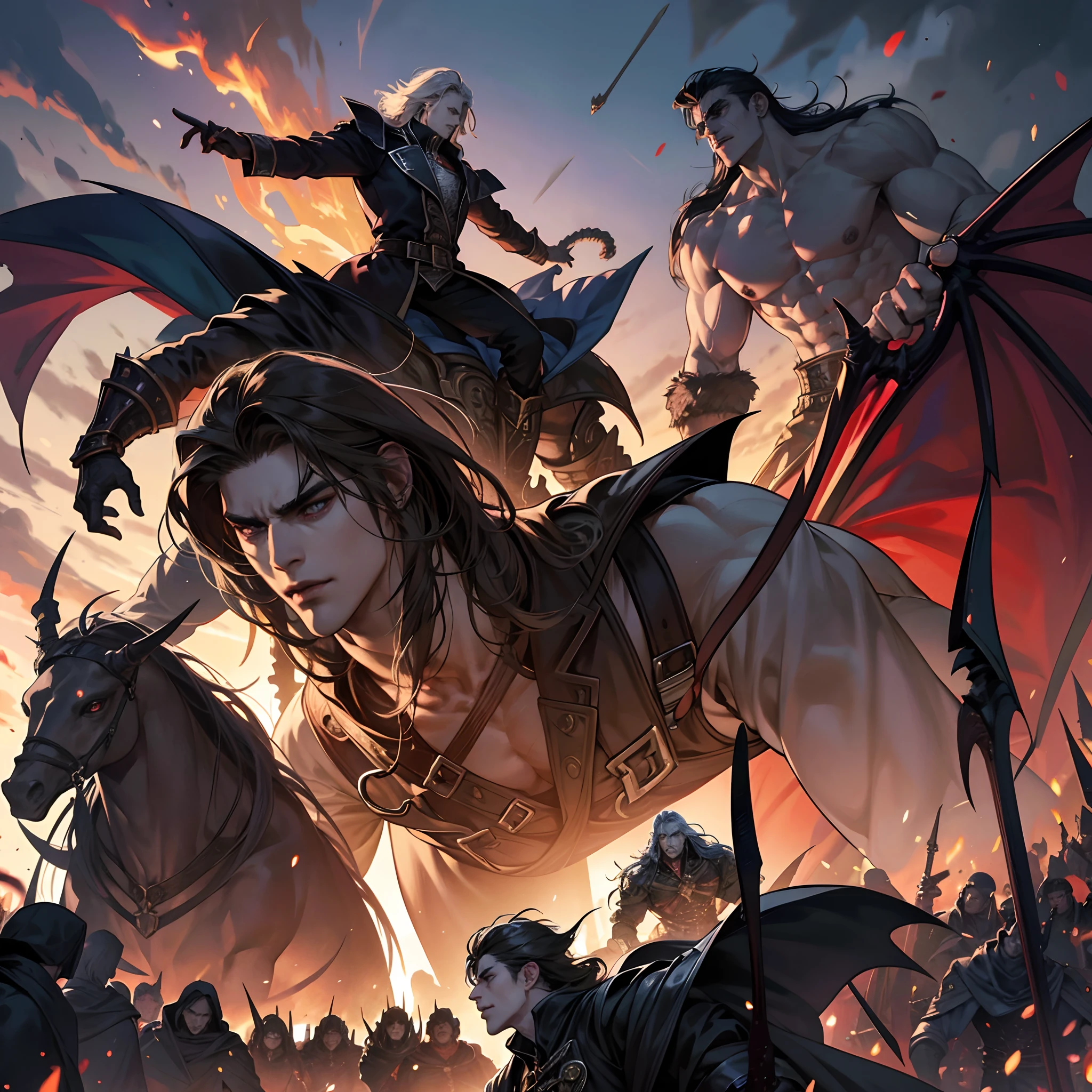 Castlevania Shadow Lord handsome muscular Lord Dracula leading troops armed with demons to war hyper realistic super detailed Dynamic pose super detailed faces hyper realistic super detailed