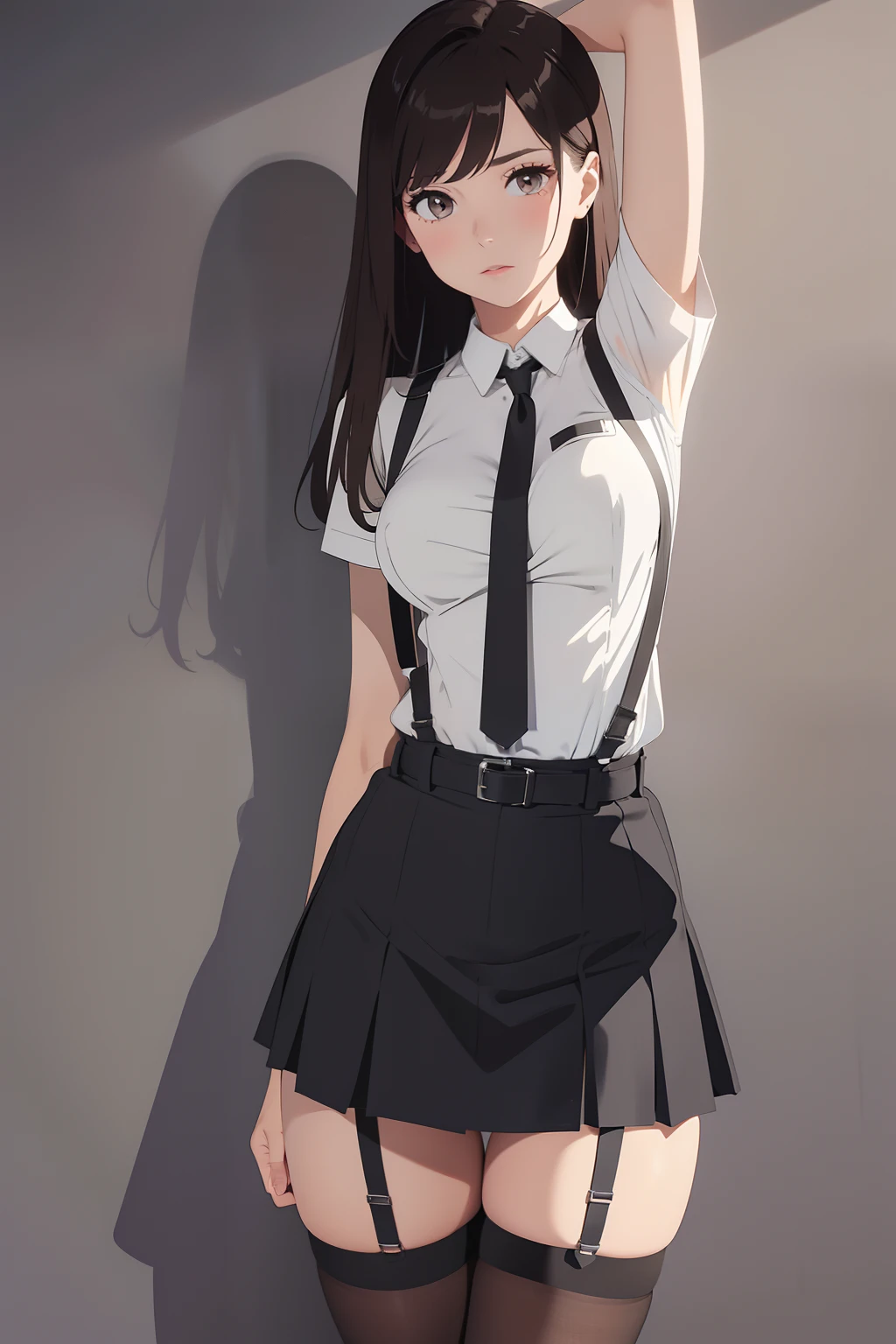 Black skirt, 　suspenders, Brown hair Gray eyes, Garter belt on the legs, Tight clothes, 　　 a belt　Armpit sweat　　Tight look　Moderate breasts