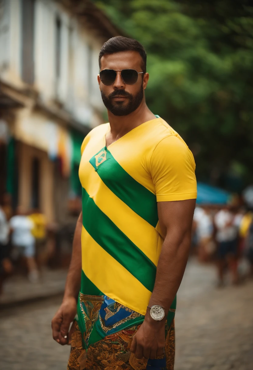 homem 37 anos, brasileiro, vestido de bermuda e camiseta, olhando para a bandeira do brasil