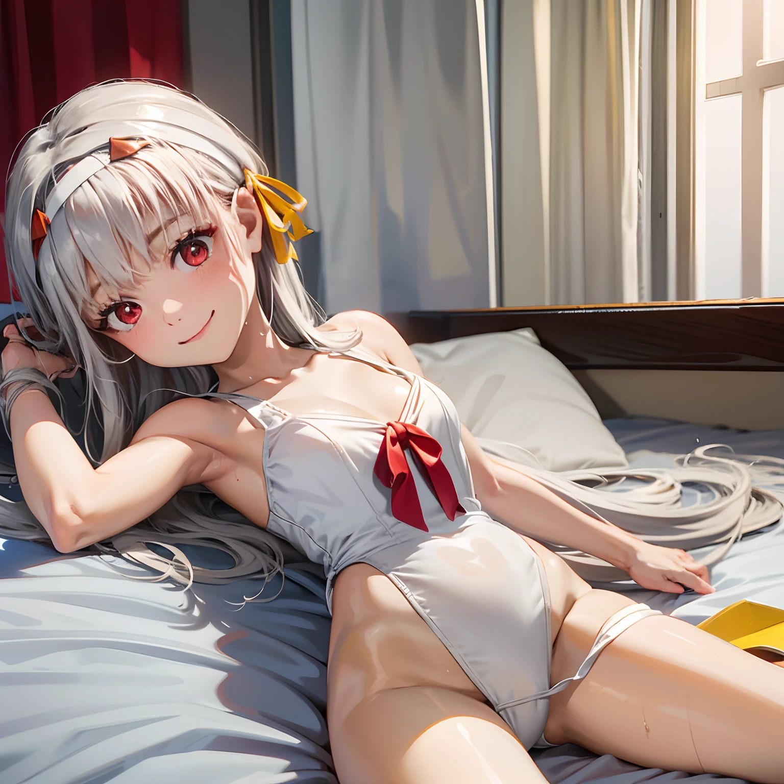 1 girl, tie up hair, Straight left side swept hair, long white hair, red eyes, innocent smile, wear long white shirt cover the leg, white undergarment, Yellow ribbon at the ear, girl room, on the bed, bare leg, wet cloth, headband, ultra sharp, 8k, spread legs, one side long hair, good arm, good hand, alone, 1 body, 1 head, 2 arms, 2 hands, 2 legs