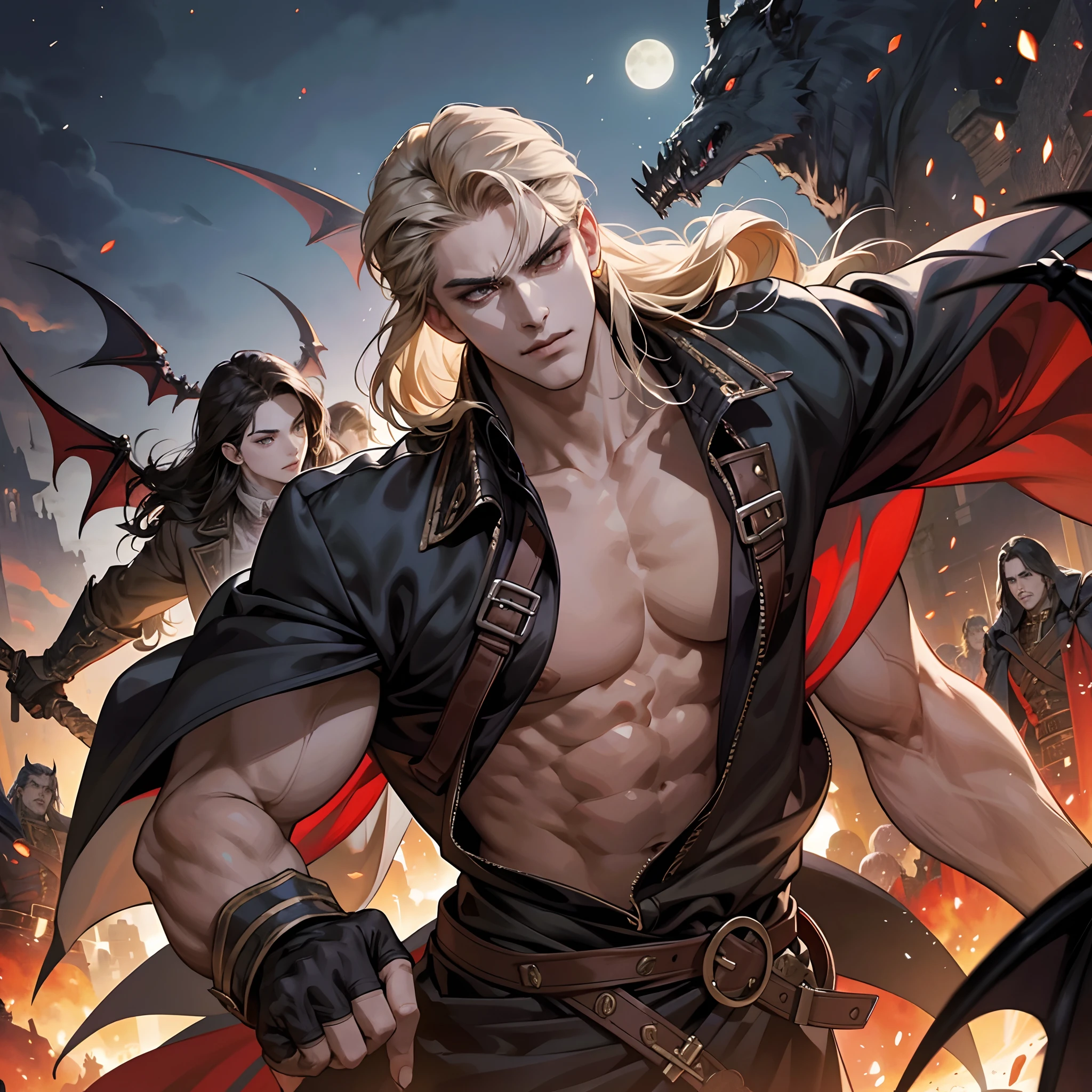 Castlevania Shadow Lord handsome muscular Lord Dracula leading troops armed with demons to war hyper realistic super detailed dynamic pose super detailed faces hyper realistic super detailed Marvel comics style super detailed faces super detailed Moroccan body Arabic version different poses