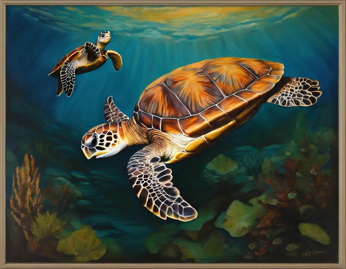 /imagine prompt: Immerse yourself in the sea turtle museum's ambiance, a tripartite haven of knowledge. Room one boasts lifelike sculptures, bathed in soft, ethereal light, room two transforms into a living canvas with glowing aquatic projections, and room three plunges you into a chilling underwater realm, evoking empathy for the struggles of these sea turtles, Painting, watercolors and acrylics, --ar 16:9 --v 5