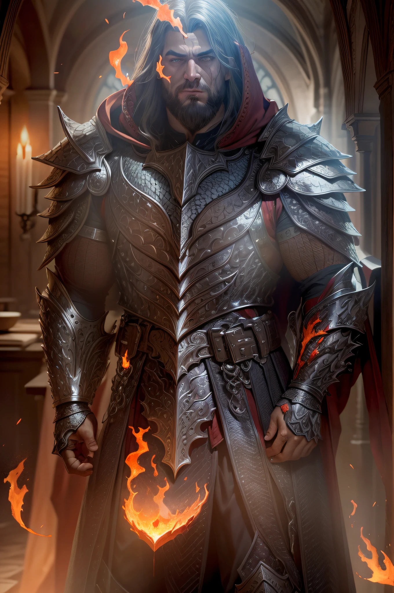 A man with dragon scales on his arm，Wearing silver armor，Blood on the face，Homem de meia idade，flaming background，The man of the Western knight，The cheeks have dragon scales，A grim look，Cheek dragon scales，The flames are raging，The back of the hand was covered with dragon scales，