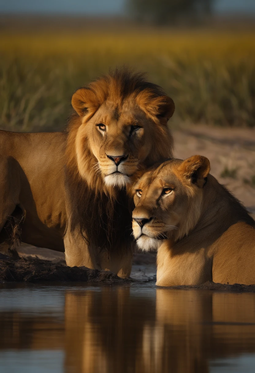 lions dirty with mud and oil in a polluted lake