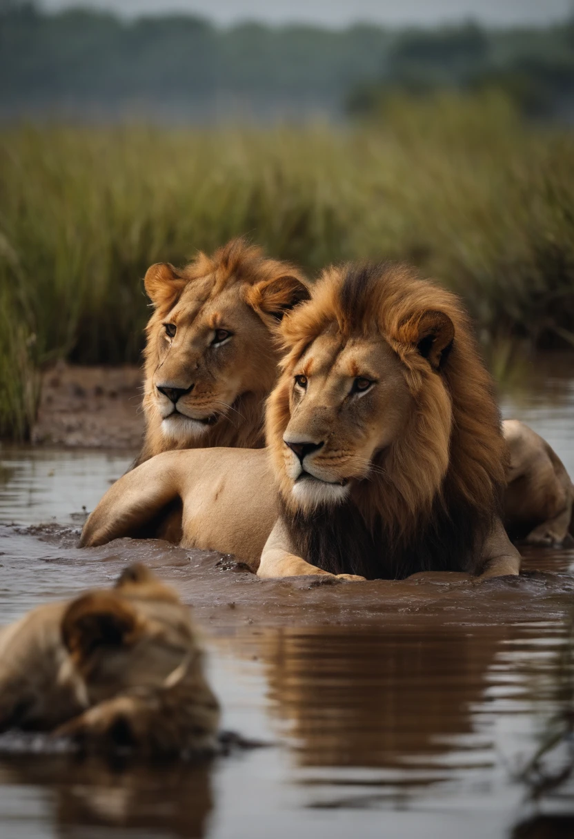 lions dirty with mud and oil in a polluted lake