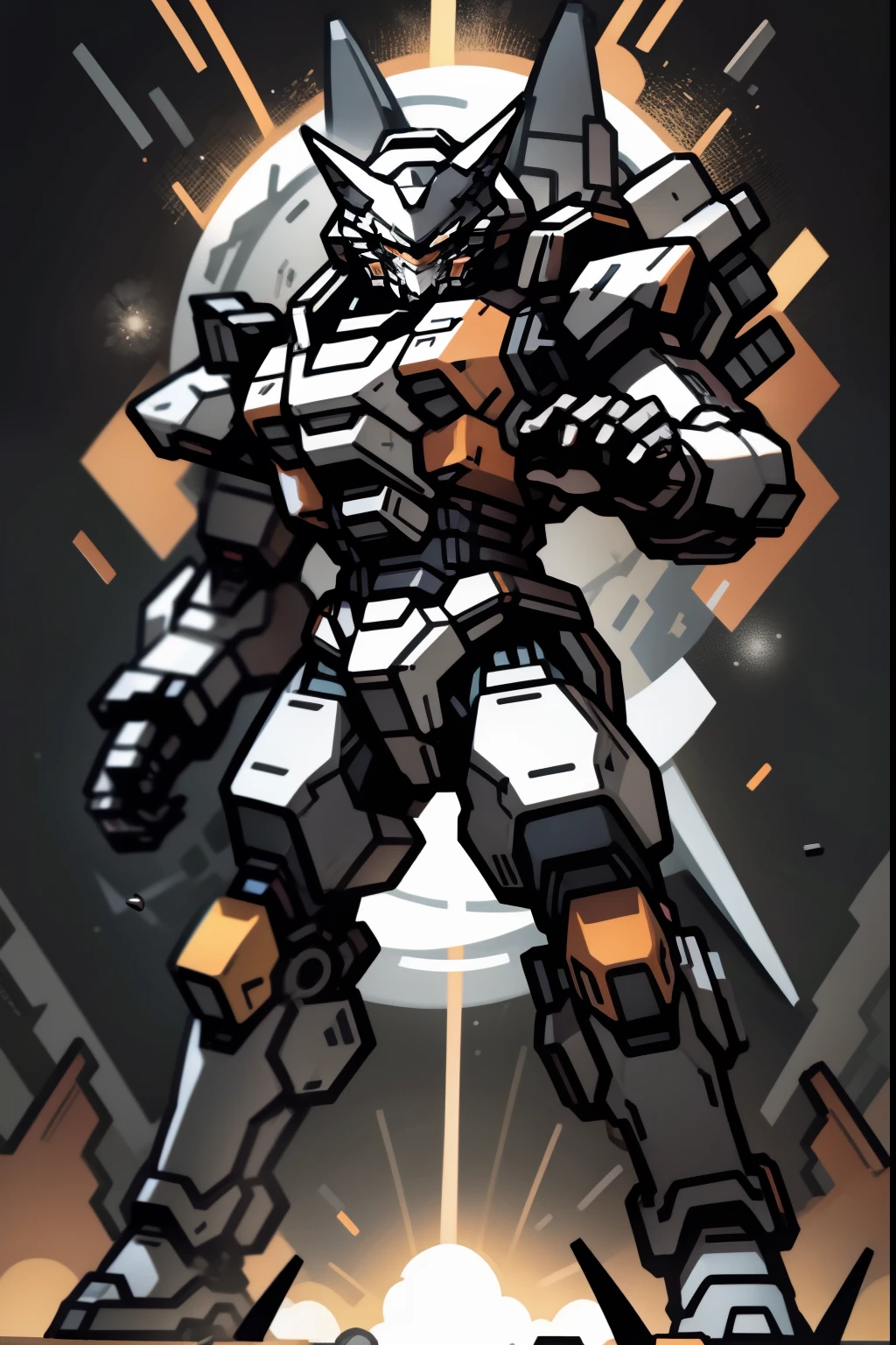 giant battle mecha, grey and black, wolf features, space background, battle, explosions