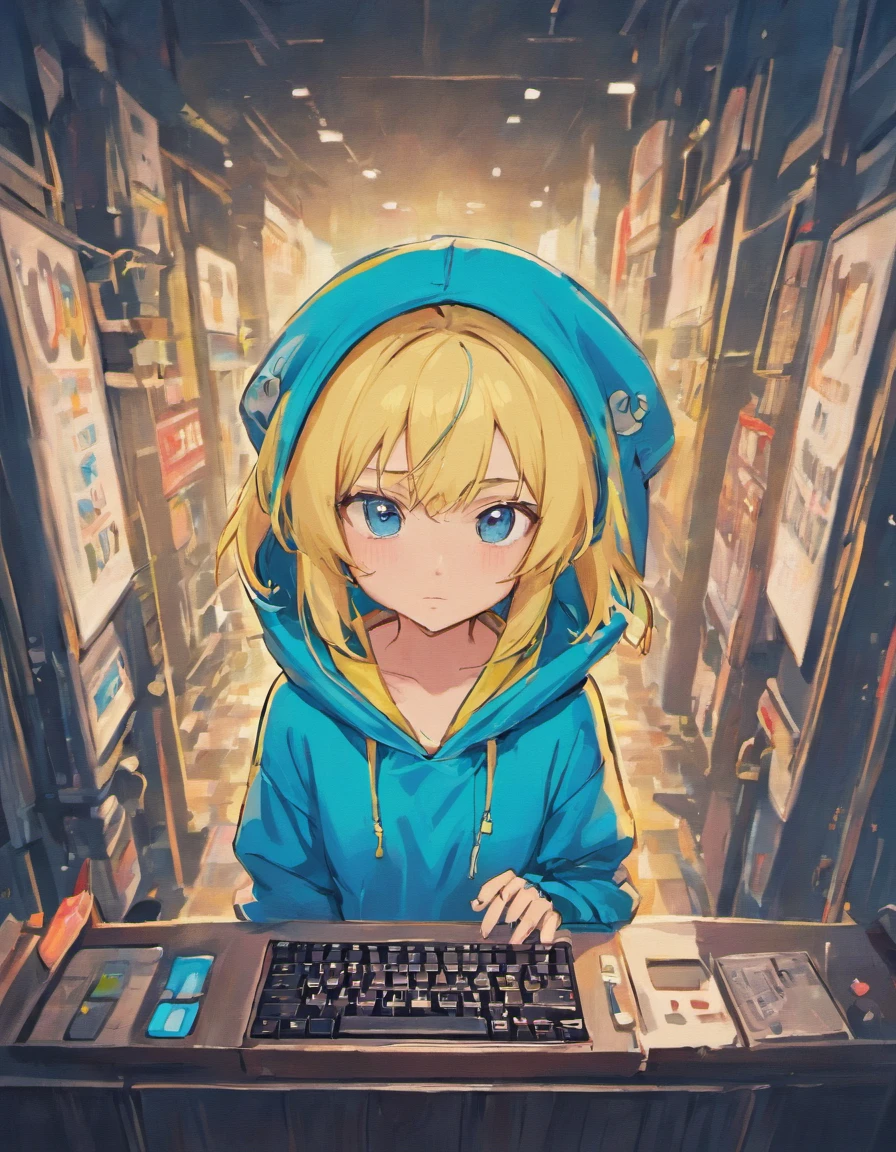 mika pikazo, 1girl, blue eyes, blue hoodie, computer, earrings, hood, hoodie, jewelry, keyboard (computer), logo, logo parody, mouse (computer), multicolored eyes, pink hair, recycle bin, solo, white background, yellow eyes, ,