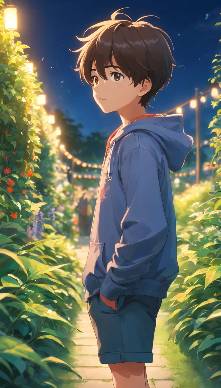 A 6-year-old boy stands in the garden., high quality, clear focus (Regulation - Home: 0.8), (master-piece: 1.2) (Realism: 1.2) (bokeh) (beste-Qualit) (finely detailed skin: 1.3) (intricate detailed) (10) (Eye details) (crisp focus), (fearful) (various poses) drawing, Modern cutting,outdoor, Sweater, Open Jacket