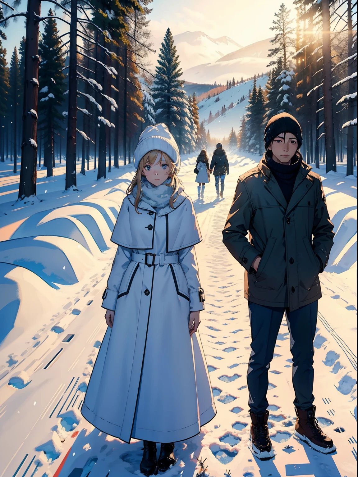 beautiful Women and men standing in the snow in the middle of a field, standing in the snow, in the snow, in sunny weather, only snow in the background, sunny winter day, in snow, cold sunny weather, only snow in the background, siberia!!, winter in the snow, forest in the background, in front of a forest background, in the winter, portrait