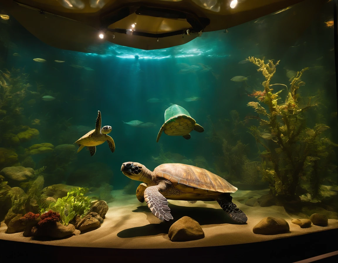 /imagine prompt: Deep within the sea turtle museum, visitors embark on a journey through three distinct rooms. The first room, bathed in soft, natural light, showcases the beauty of sea turtle individuals, their graceful movements frozen in lifelike sculptures. The second room, with a dimly lit, intimate atmosphere, delves into the intricate world of sea turtle reproduction, featuring interactive displays and holographic visuals. The third room transports visitors to the chaotic depths of the ocean, with walls adorned by haunting images of sea turtles tangled in plastic debris. A sense of wonder, curiosity, and urgency permeates the air, Realistic photography capturing the museum's intricate details, professional DSLR camera with a macro lens, --ar 16:9 --v 5