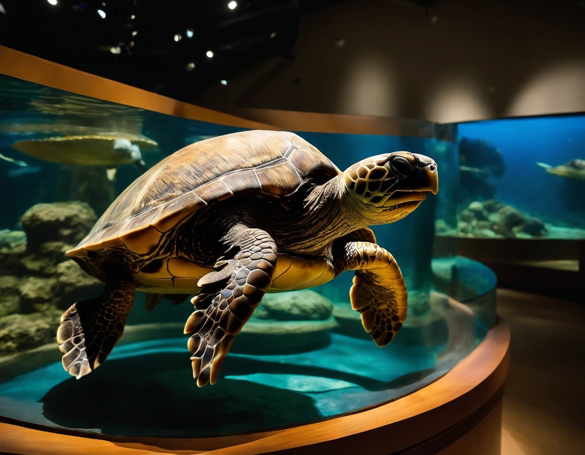 /imagine prompt: Deep within the sea turtle museum, visitors embark on a journey through three distinct rooms. The first room, bathed in soft, natural light, showcases the beauty of sea turtle individuals, their graceful movements frozen in lifelike sculptures. The second room, with a dimly lit, intimate atmosphere, delves into the intricate world of sea turtle reproduction, featuring interactive displays and holographic visuals. The third room transports visitors to the chaotic depths of the ocean, with walls adorned by haunting images of sea turtles tangled in plastic debris. A sense of wonder, curiosity, and urgency permeates the air, Realistic photography capturing the museum's intricate details, professional DSLR camera with a macro lens, --ar 16:9 --v 5