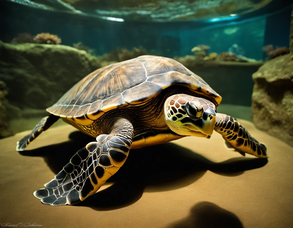 /imagine prompt: Deep within the sea turtle museum, visitors embark on a journey through three distinct rooms. The first room, bathed in soft, natural light, showcases the beauty of sea turtle individuals, their graceful movements frozen in lifelike sculptures. The second room, with a dimly lit, intimate atmosphere, delves into the intricate world of sea turtle reproduction, featuring interactive displays and holographic visuals. The third room transports visitors to the chaotic depths of the ocean, with walls adorned by haunting images of sea turtles tangled in plastic debris. A sense of wonder, curiosity, and urgency permeates the air, Realistic photography capturing the museum's intricate details, professional DSLR camera with a macro lens, --ar 16:9 --v 5