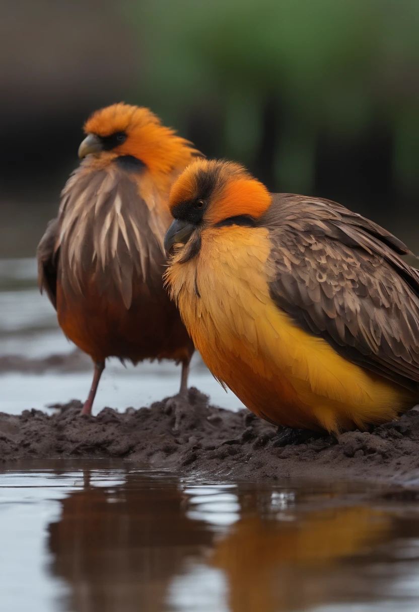 birds covered in mud and oil in a polluted lake