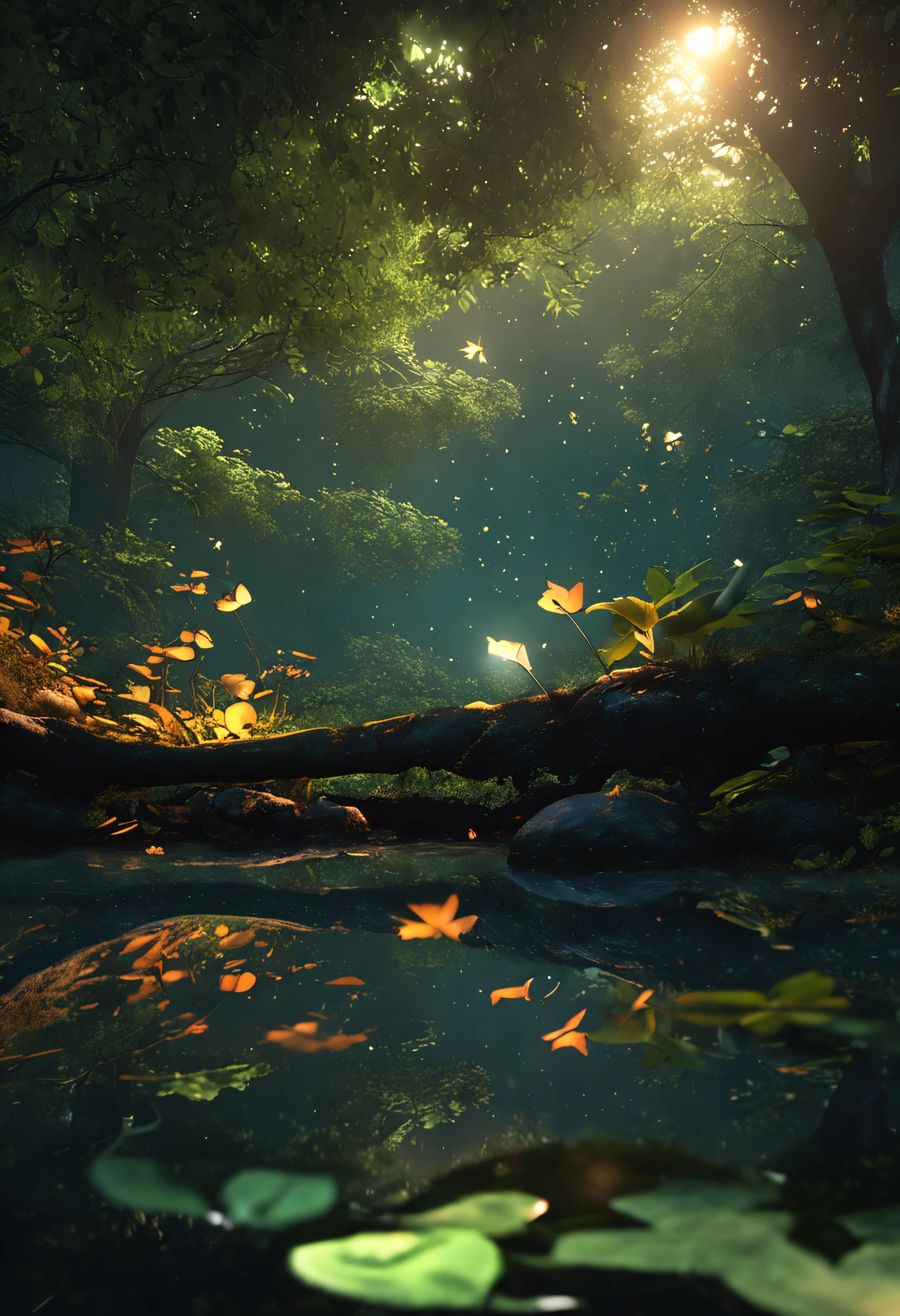 A masterpiece, the best quality, stunning reflections, the best reflections ever. (very detailed CG unity 8k wallpapers), (best quality), (best illustrations), (best shadows), forest theme with natural elements. Tall trees, quiet streams, small glowing mushrooms surrounded by delicate leaves and branches, with fireflies and glowing particle effects,, (natural elements), (jungle theme), (leaves), (twigs), (fireflies), butterflies, (delicate leaves), (glow), (particle effects). , Isometric 3D, Octane Rendering, Ray Traced, Super Detailed