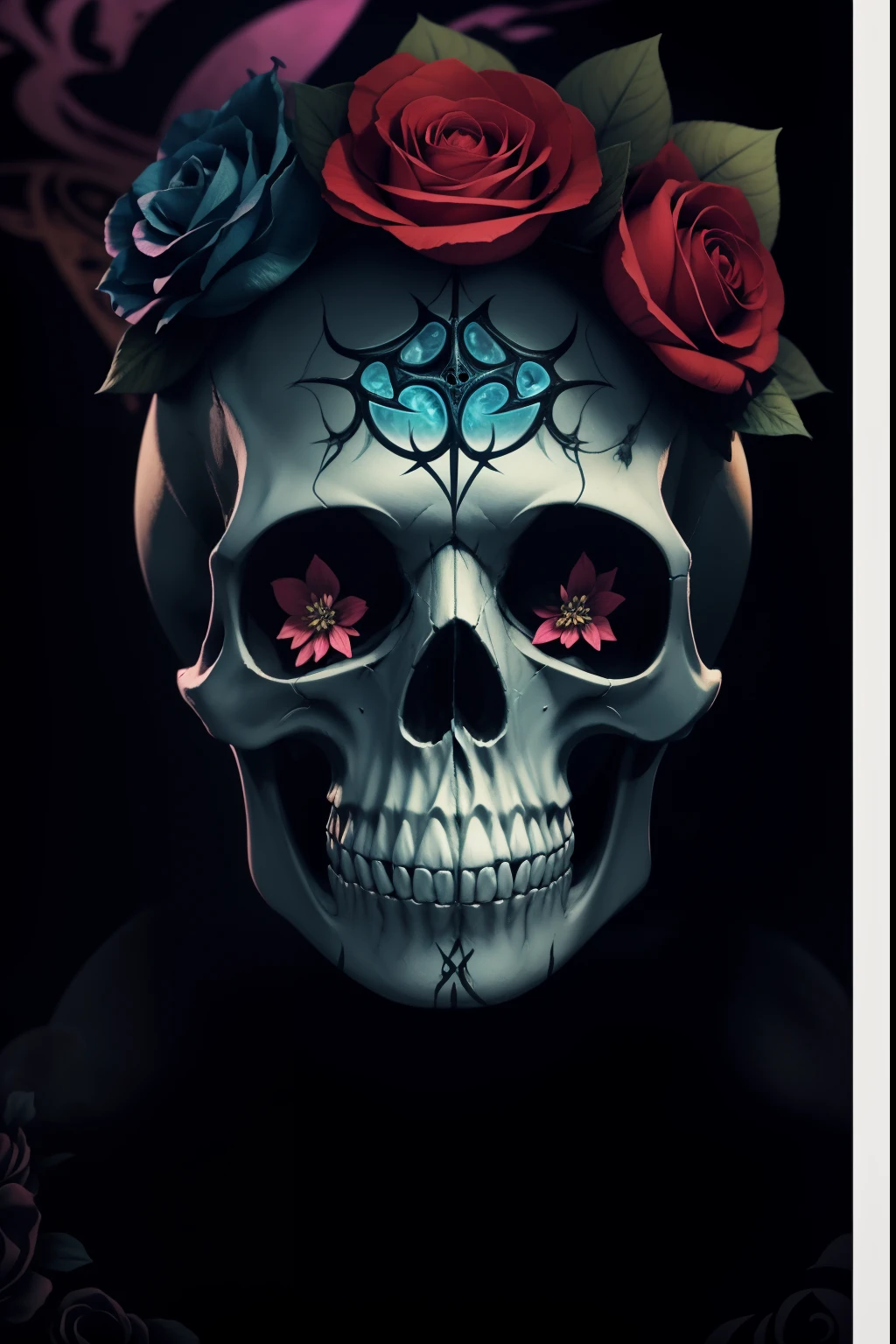 a close up of a skull with a flower on its head, fantasy skull, scary detailed art in color, scary color art in 4 k, sacred skull, conjuring psychedelic background, detailed digital artwork, calavera, sacred skulls, psychedelic illustration, sugar skull, skull face, death skull, scary art in color, skull liminal void background, psychedelic art style