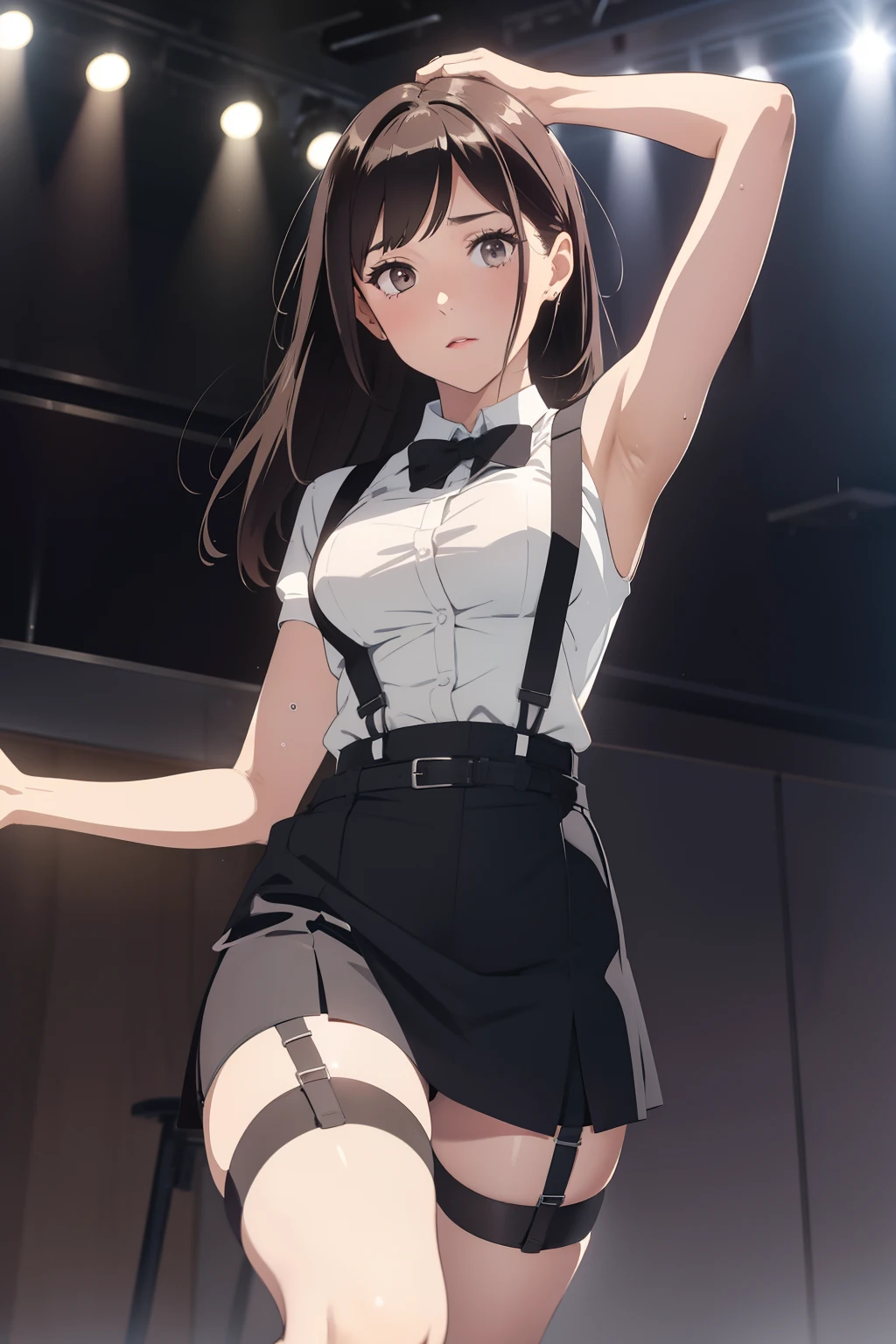 Brown Hair、Staring at the audience Black suspenders bulging big breasts wall: garter sight Small face holster Beautiful woman Show your hand sight Taunt side side汗 arm Dress shirt Black Suit ベルト wall際 Put your hands up Both hands above head Armpit sweat mini skirt