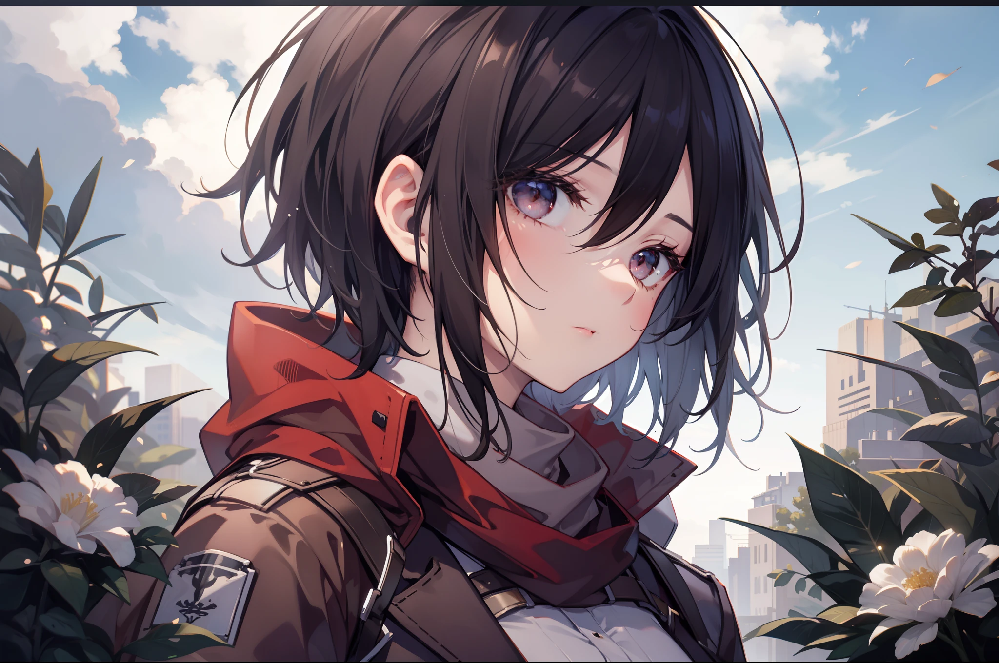 top-quality,Masterpiece,​masterpiece,detail portrayal,Intricate details,Fine details,Best Quality,Beautiful lighting,1人の女性,独奏,skinny body shape,Slender body lines,Mikasa,A dark-haired,short-hair,Big beautiful eyes,Red muffler,Brown jacket face close-up,Beauty but blue sky,Vast grassland background,Beautiful face,Close-up of the face,Depiction from head to neck,