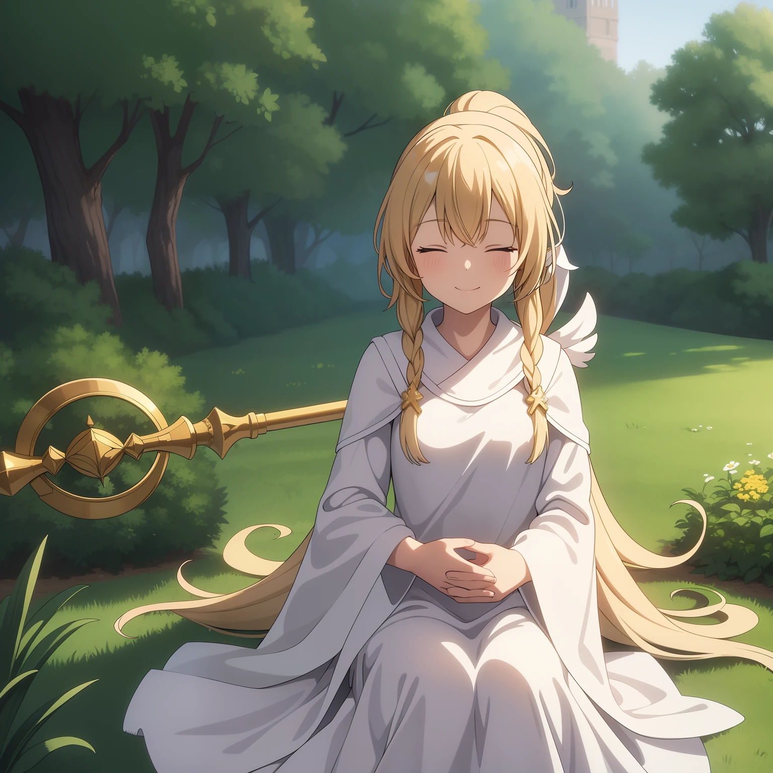 (masterpiece, high quality, super detail), one girl, blonde hair, ponytail, blindfolded with white cloth, smiling, wearing white and green mage robes, holding white mage staff, evening, flower garden, single elm tree in background, crashed giant space ship