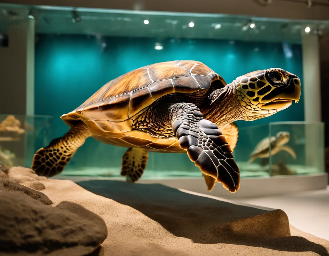 /imagine prompt: Step into the sea turtle museum, where three distinct rooms await exploration. The first room, bathed in warm, inviting light, introduces visitors to the fascinating lives of sea turtle individuals through a collection of lifelike sculptures and vivid underwater scenes. In the second room, soft ambient lighting sets the stage for an in-depth exploration of sea turtle reproduction, with detailed diagrams and interactive exhibits. As visitors progress to the third room, the mood shifts to one of solemn reflection, as haunting images of sea turtles amidst plastic waste illustrate the harsh realities of their ocean home. The atmosphere is a delicate balance of awe, education, and environmental concern, Realistic 3D rendering, utilizing cutting-edge computer graphics software, --ar 16:9 --v 5