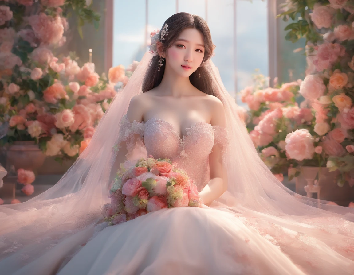 Two women in wedding dresses sitting on the bed,holds a bouquet of flowers, lalisa manobal, Album art, Official artwork, very magical and dreamy, ethereal fairytale, Ethereal beauty, Koreainsta Goddess, Ethereal fantasy, celestial goddess, lalisa manoban of blackpink, sakimichan, jaeyeon nam, ulzzangs, Ethereal and dreamy, fantasy beautiful,Extra-large big breasts,Blush,Perfect body slim curves, 8K art photo photo,Japan goddess,