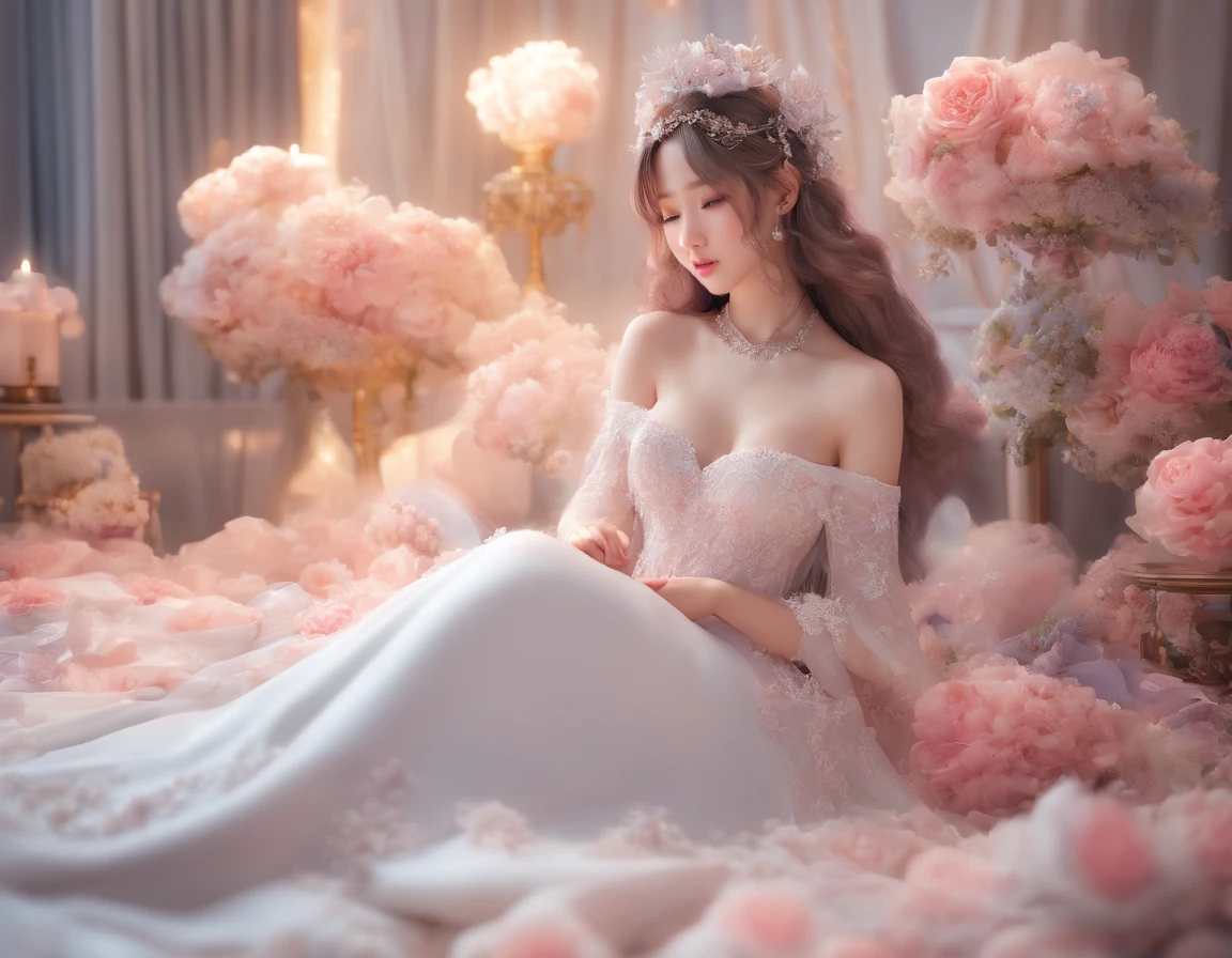 one women in wedding dresses sitting on the bed，holds a bouquet of flowers, lalisa manobal, Album art, Official artwork, very magical and dreamy, ethereal fairytale, Ethereal beauty, Koreainsta Goddess, Ethereal fantasy, celestial goddess, lalisa manoban of blackpink, sakimichan, jaeyeon nam, ulzzangs, Ethereal and dreamy, fantasy beautiful，Extra-large big breasts，Blush，Perfect body slim curves， 8K art photo photo，Japan goddess，