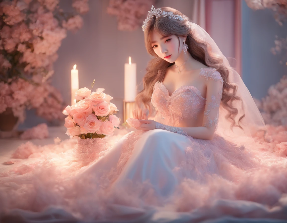 Two women in wedding dresses sitting on the bed,holds a bouquet of flowers, lalisa manobal, Album art, Official artwork, very magical and dreamy, ethereal fairytale, Ethereal beauty, Koreainsta Goddess, Ethereal fantasy, celestial goddess, lalisa manoban of blackpink, sakimichan, jaeyeon nam, ulzzangs, Ethereal and dreamy, fantasy beautiful,Extra-large big breasts,Blush,Perfect body slim curves, 8K art photo photo,Japan goddess,