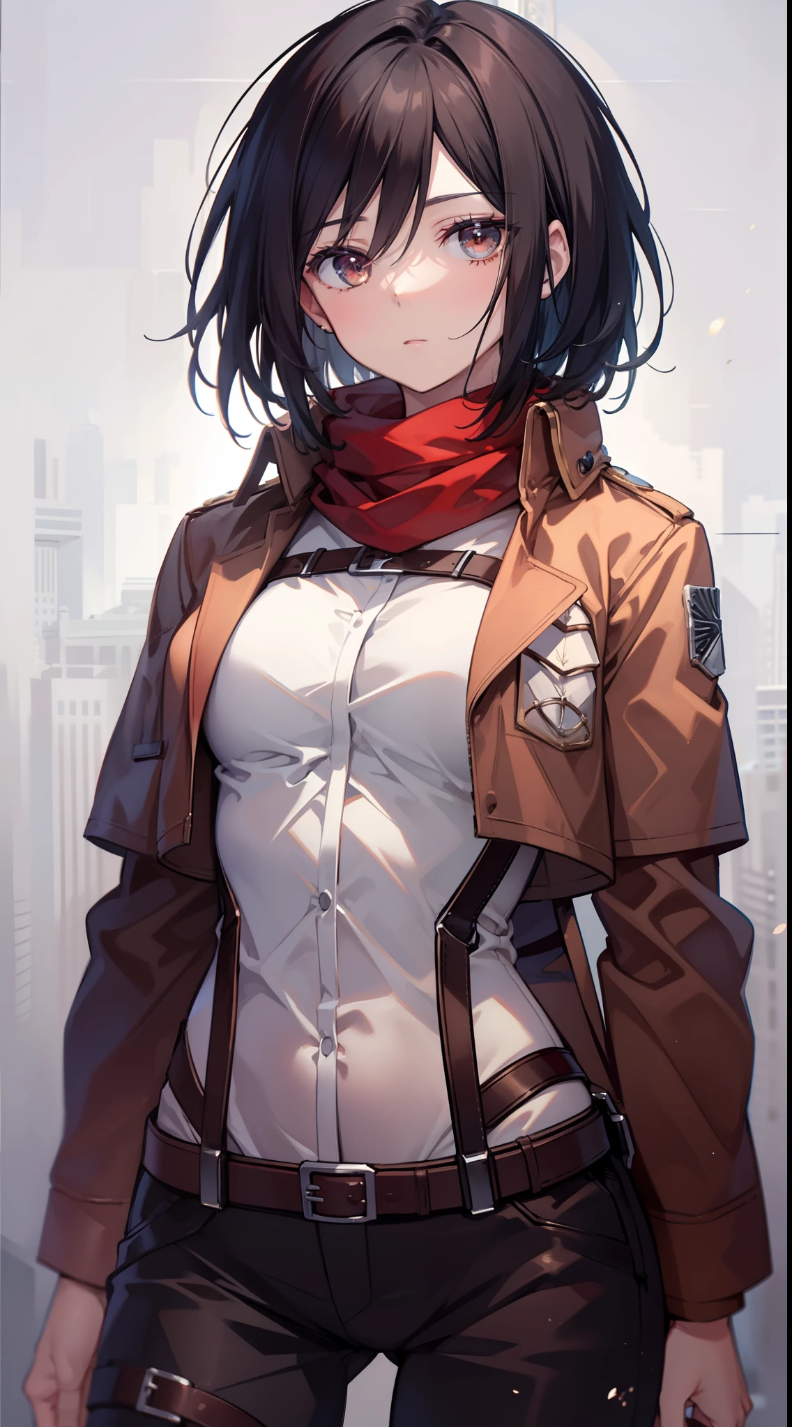 top-quality,Masterpiece,masterpiece,detail portrayal,Intricate details,Fine details,Best Quality,Beautiful lighting,skinny body shape,Slender body lines,Tall,Mikasa,A dark-haired,short-hair,Big beautiful eyes,Red muffler,Brown jacket,White shirt,Black pants,full bodyesbian,Depiction from head to foot,cowboy shot,simple background,Dark Face,