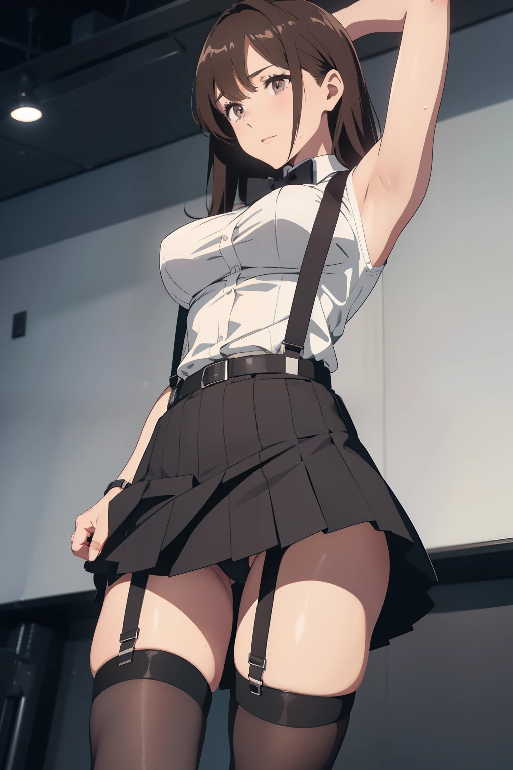 Black skirt, 　suspenders, Brown hair Gray eyes, Garter belt on the legs, Tight clothes, 　　 a belt　Armpit sweat　　Tight look　Moderate breasts