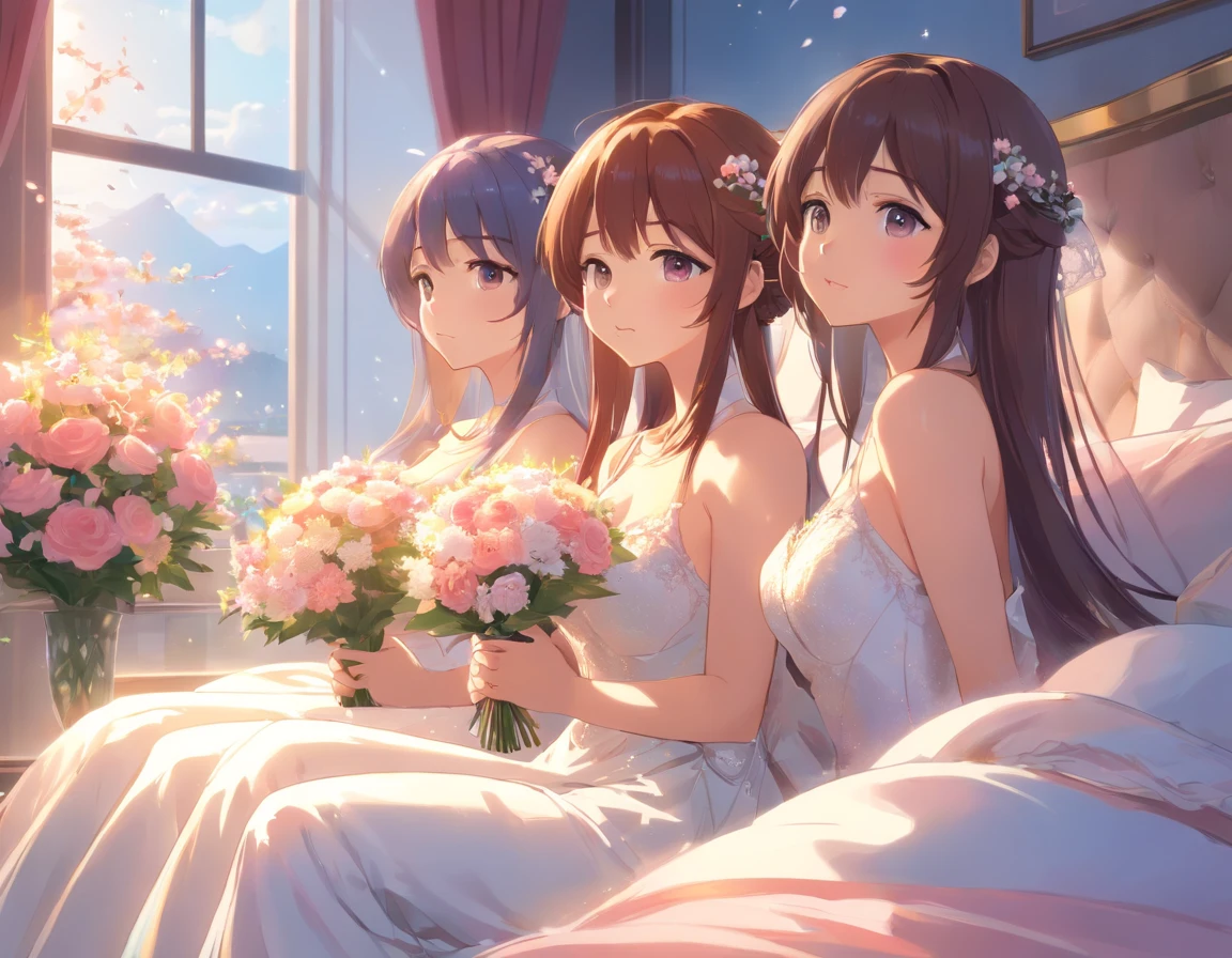 Two women in wedding dresses sitting on the bed,holds a bouquet of flowers, lalisa manobal, Album art, Official artwork, very magical and dreamy, ethereal fairytale, Ethereal beauty, Koreainsta Goddess, Ethereal fantasy, celestial goddess, lalisa manoban of blackpink, sakimichan, jaeyeon nam, ulzzangs, Ethereal and dreamy, fantasy beautiful,Extra-large big breasts,Blush,Perfect body slim curves, 8K art photo photo,Japan goddess,