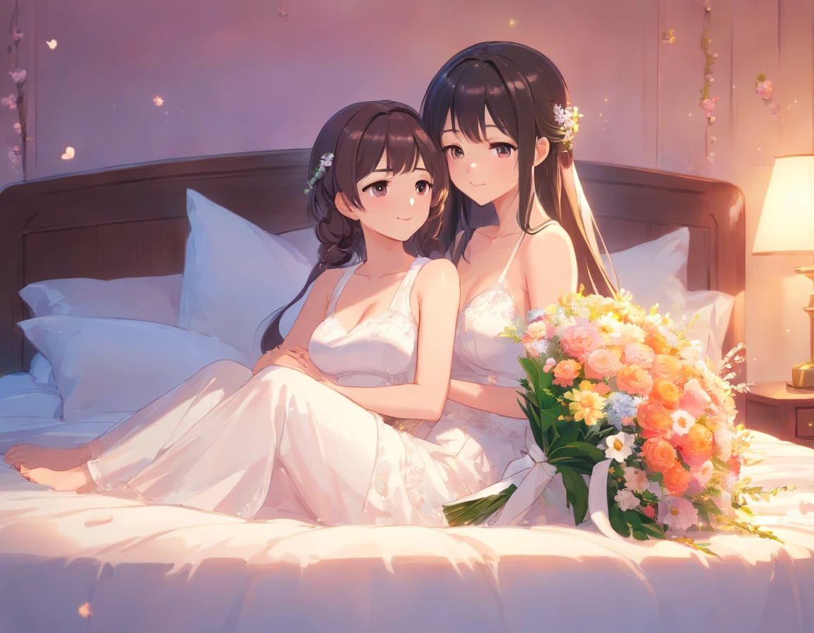 Two women in wedding dresses sitting on the bed,holds a bouquet of flowers, lalisa manobal, Album art, Official artwork, very magical and dreamy, ethereal fairytale, Ethereal beauty, Koreainsta Goddess, Ethereal fantasy, celestial goddess, lalisa manoban of blackpink, sakimichan, jaeyeon nam, ulzzangs, Ethereal and dreamy, fantasy beautiful,Extra-large big breasts,Blush,Perfect body slim curves, 8K art photo photo,Japan goddess,