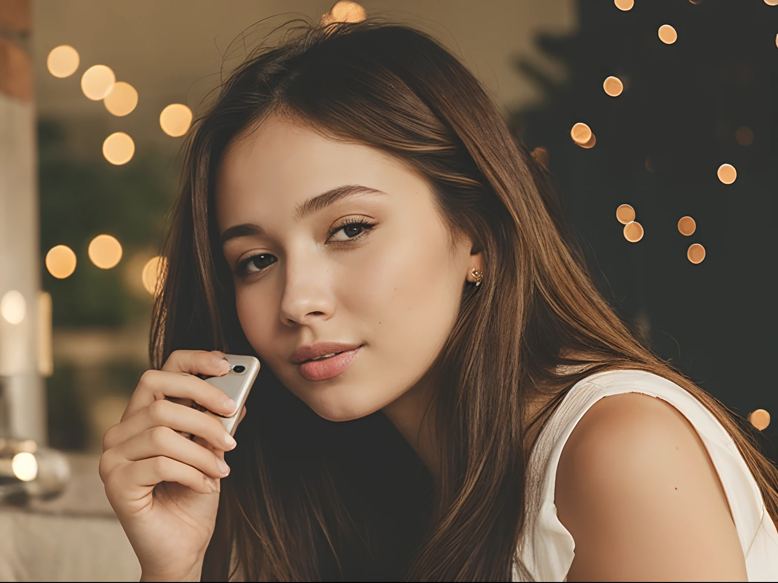 there is a woman that is sitting down with a cell phone, detailed portrait shot, 50mm portrait, high quality portrait photoshoot, bokeh in the background only, side portrait imagery, 60mm portrait, 7 0 mm portrait, portrait soft low light, beautiful portrait lighting, portrait sophie mudd, malika favre, 🤤 girl portrait, photoshoot portrait