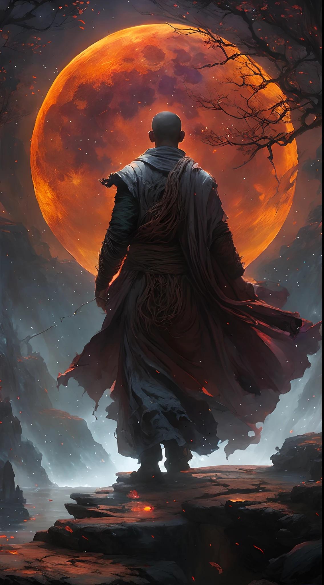 arafed image of a monk in a cloak and cloak walking in front of a full moon, 4k fantasy art, epic fantasy digital art style, Artstation contest winner, andreas rocha style, amazing d & d dark sun art, art style of marc simonetti, 8k stunning artwork, fantasy art behance, epic fantasy novel cover art