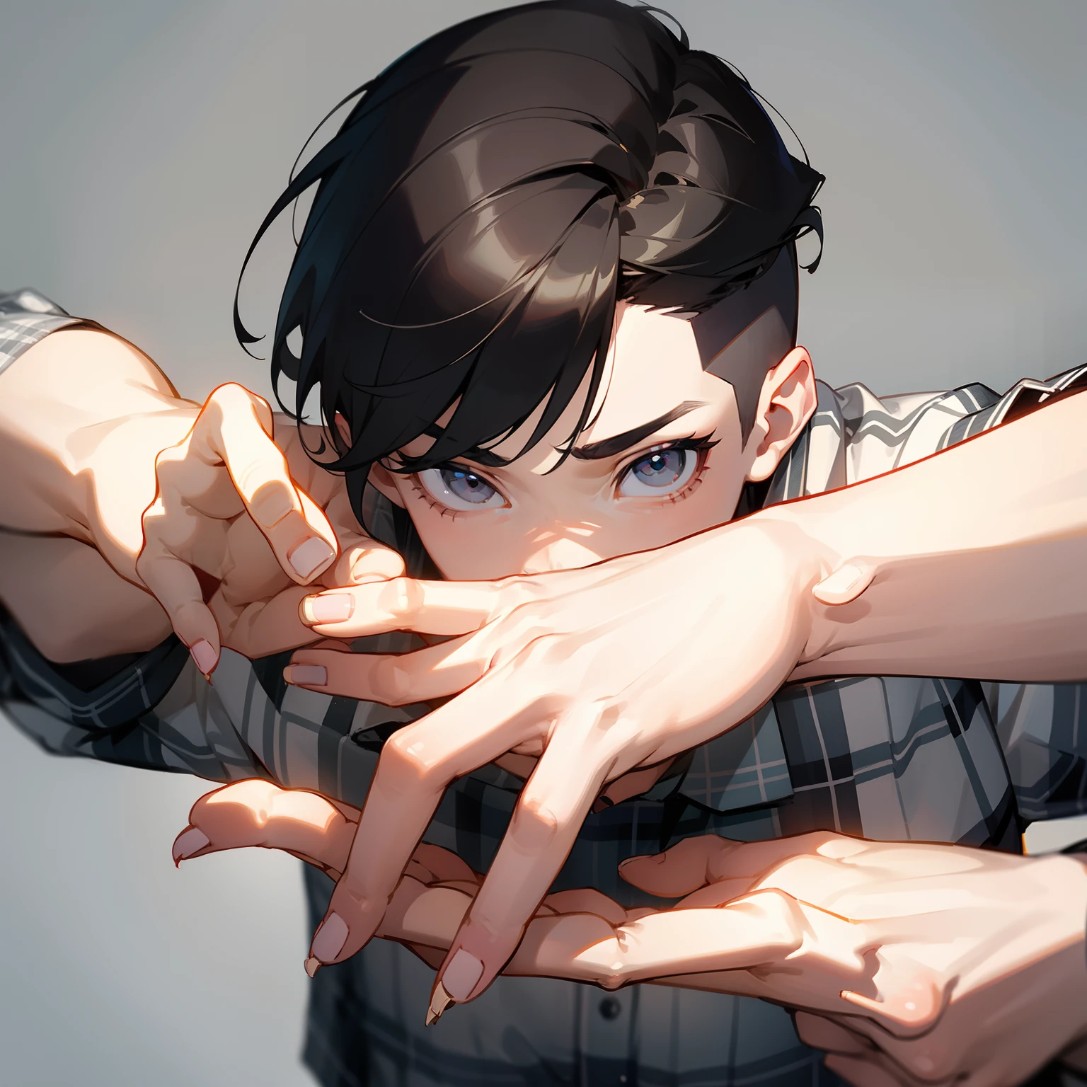 One guy、grey  eyes、A dark-haired、short bangs、Undercut、malefocus、Lowered eyebrows、large lips、White and light gray plaid shirt、Plaid、beautifull hands、Clean hands、thin、年轻、simple background、Hands at right angles、Lots of hands from off-screen、Shape Hand