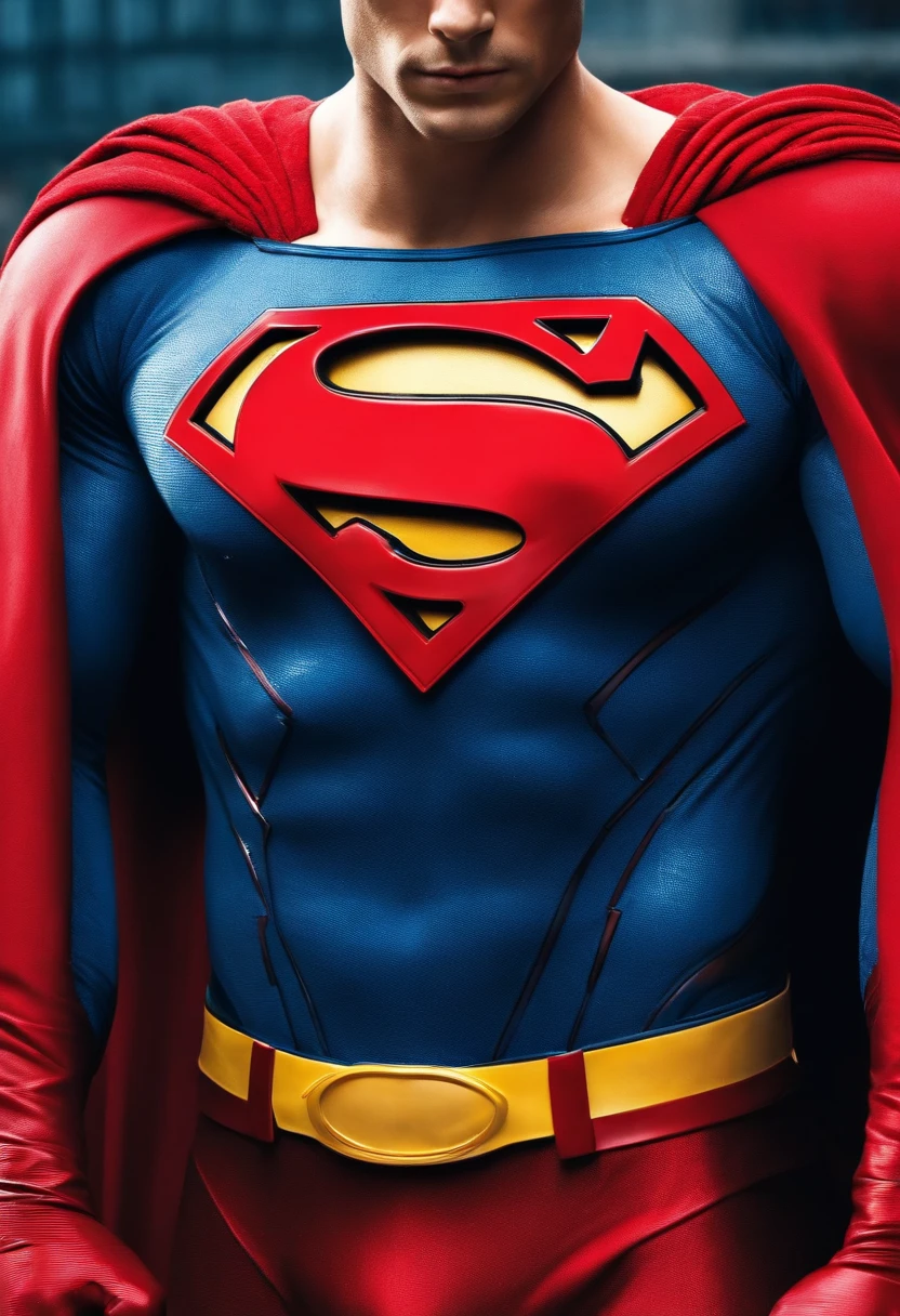 superman, ojos rojos, cara de enojado, capa rota, traje roto, cuerpos musculosos, ciudad destruida. traje rojo y azul, banderas destruidas, ropa rasgada.