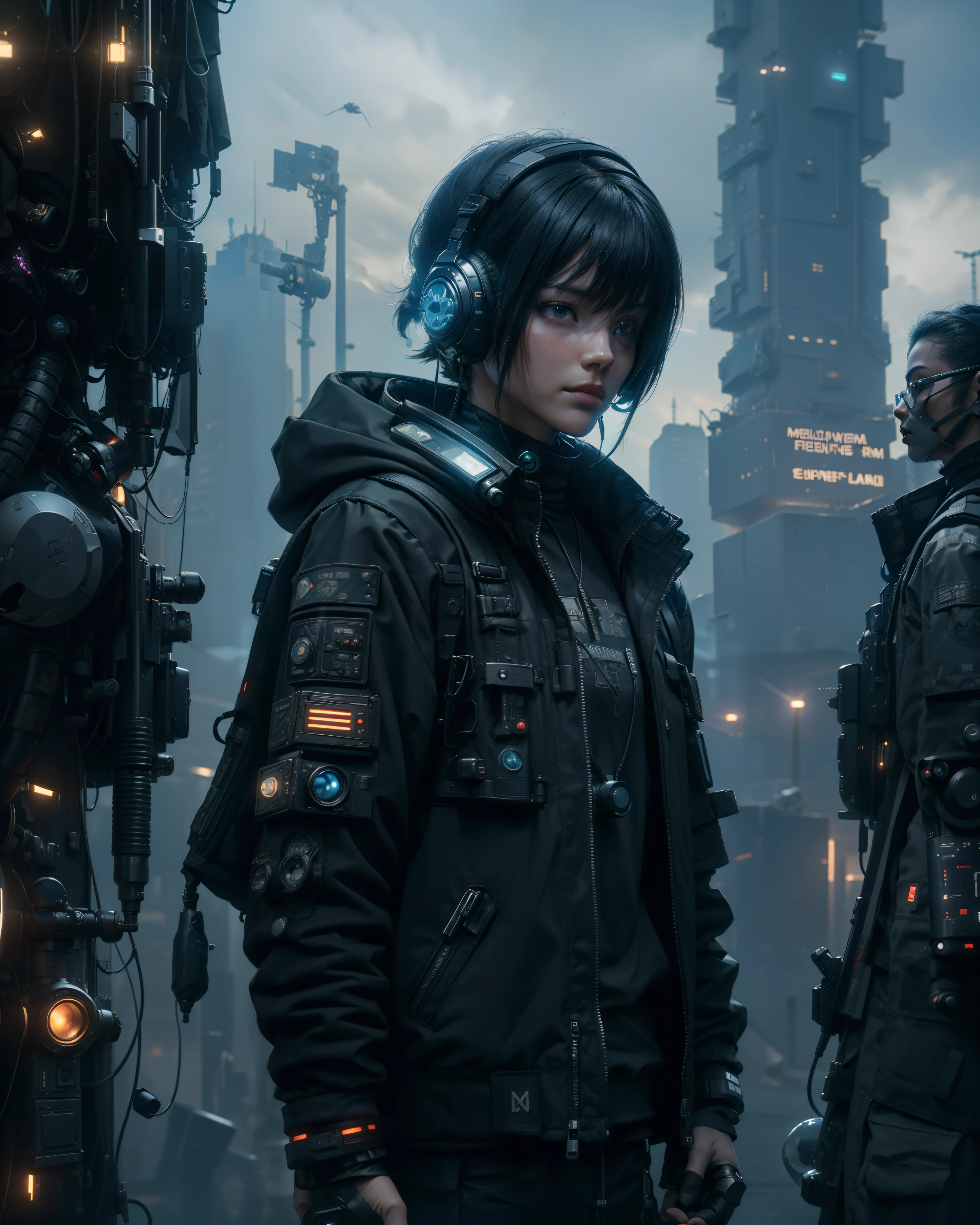 Hyperrealistic, Unreal engine, 3d, (Medium Shot), (Long shot), (Cyberpunk Military Communication Team), (Cyberpunk Meta-Gnome Soldier wearing HighTech Headphones with mic) , (Cyberpunk Satellite Phone on Jacket), ((Long Antena coming out from backpack)), (Holding a (Scifi Phone:1.3) in Hands), in the Holographics Hyperspace Metaverse 50mm, Ray Tracing, UHD