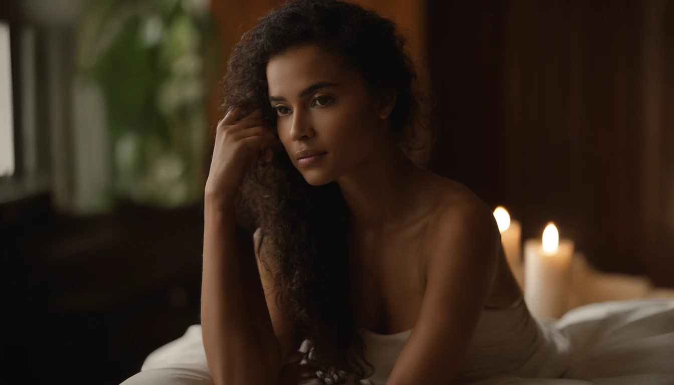 east timorese beauty with long curly hair siting in hotel room bad no clothes back shot,natural body best quality, ultra realistic brown skin
,blurry_light_background