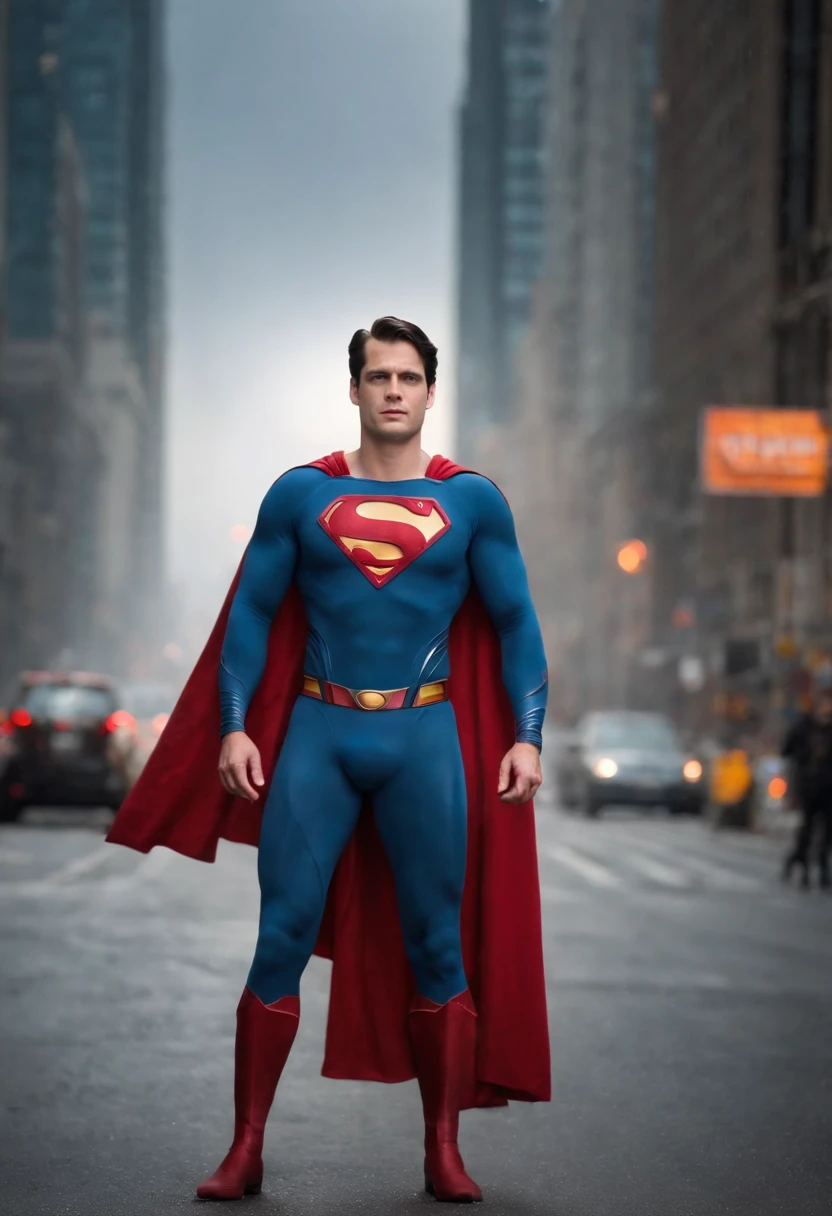 pale color palette cinematography, young gritty superman with wide thick endomorph body, dingy blue rubber sci fi line textured suit red cape, pale white sky in dirty city streets, pedestrians, cinematic, realistic, details, textures, 4K resolution, shadows