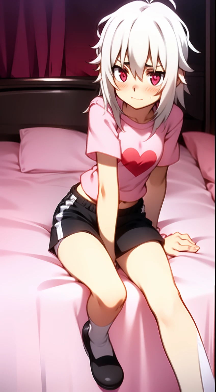 masterpiece, best quality, 1girl, Sakura Haruno, small breasts, toned, looking at the viewer, school uniform, lifting shirt, thigh socks, midriff, in bed, sun, mini skirt raised, no panties (green eyes: 0.6)