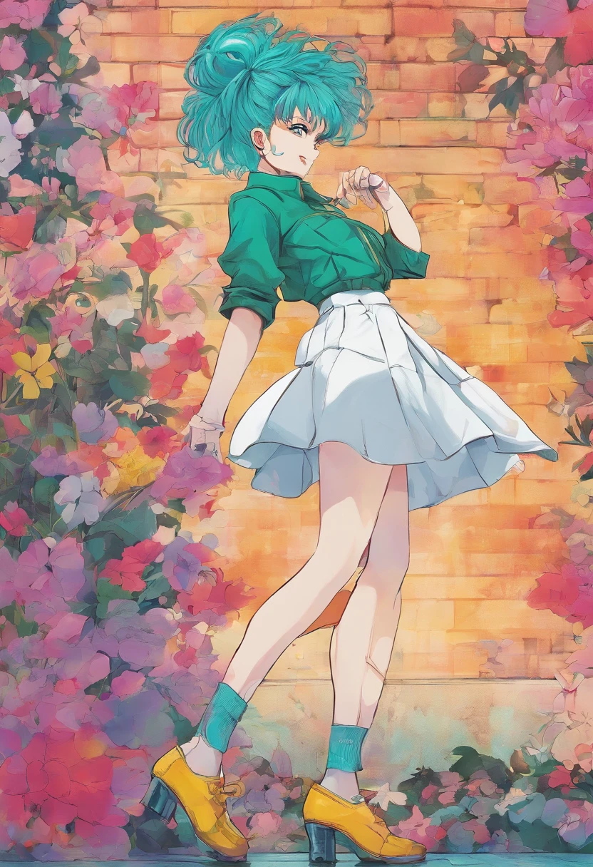 Bulma with very very long hair wearing a miniskirt and high heels shoes. Very very long hair.