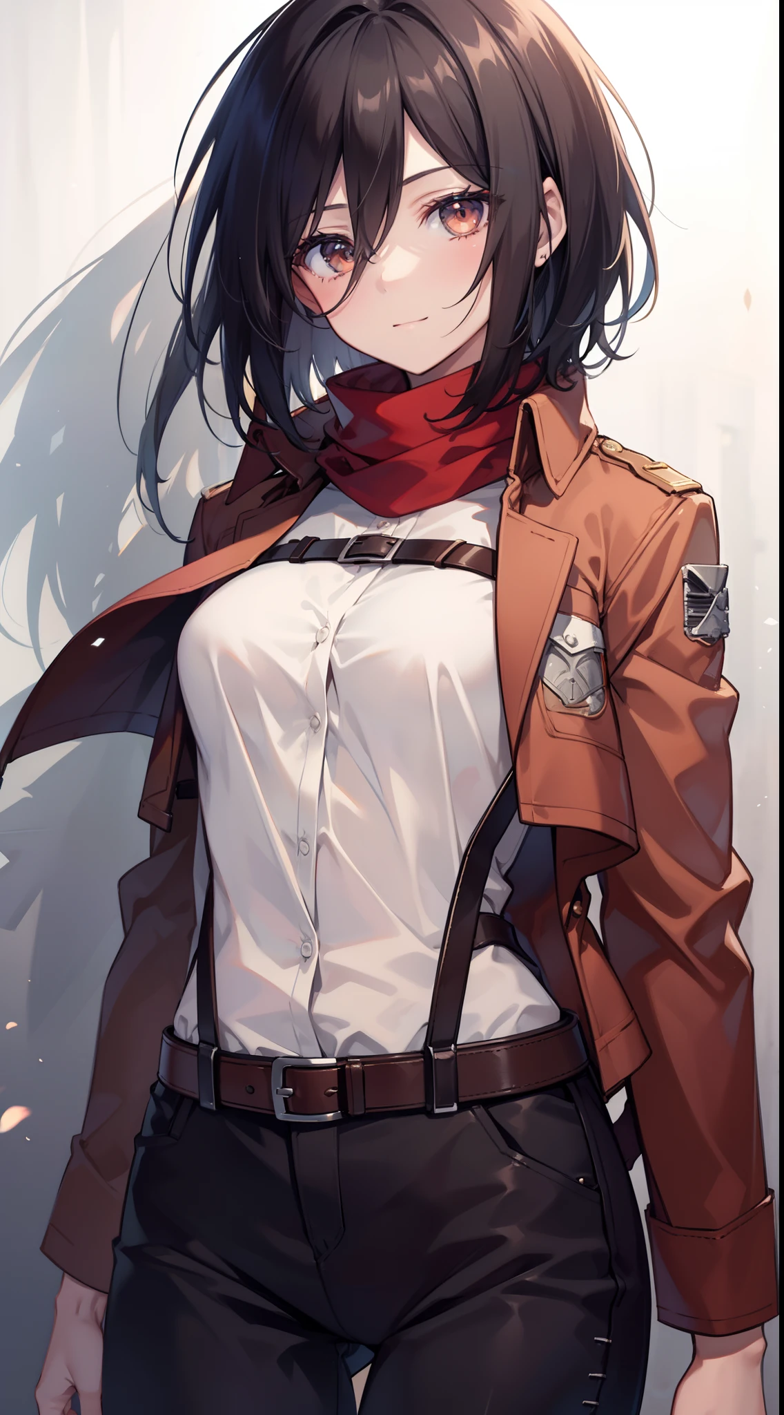 top-quality,Masterpiece,​masterpiece,detail portrayal,Intricate details,Fine details,Best Quality,Beautiful lighting,skinny body shape,Slender body lines,Mikasa,A dark-haired,short-hair,Big beautiful eyes,Red muffler,Brown jacket,White shirt,Black pants,full bodyesbian,Depiction from head to foot,cowboy  shot,simple background,ssmile,